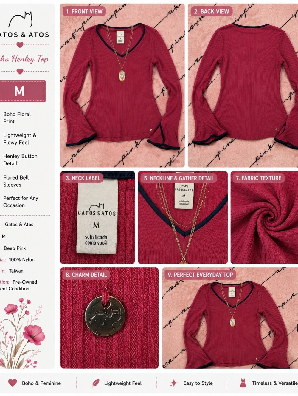 Deep Pink Lightweight Henley Sweater - M